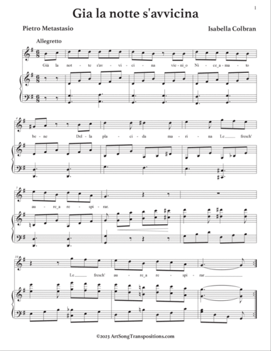 COLBRAN: Già la notte s'avvicina (transposed to G major) Voice scores gallery preview page 2