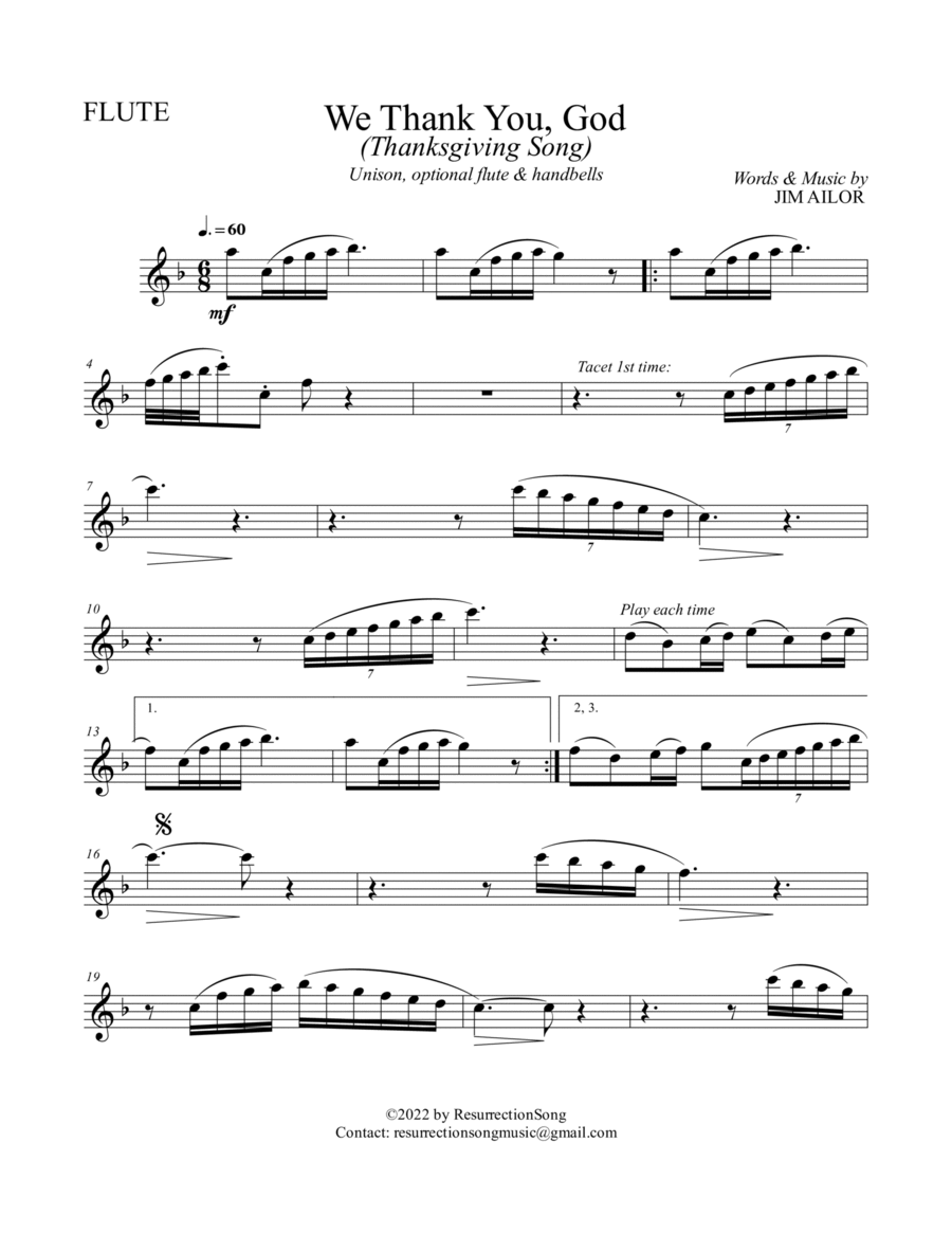 We Thank You, God INSTRUMENTAL PARTS (Unison, Optional Flute & Handbells) Unison Choir scores gallery preview page 1