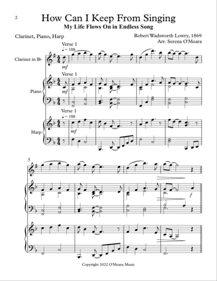 How Can I Keep From Singing, Trio for Bb Clarinet, Piano & Harp B-Flat Clarinet scores gallery preview page 2