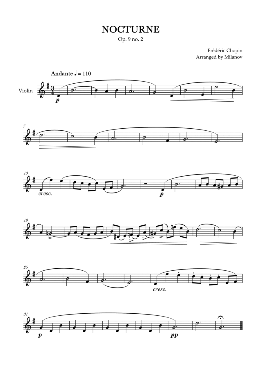 Chopin Nocturne op. 9 no. 2 | Violin | G Major | Easy beginner Violin Solo scores gallery preview page 1