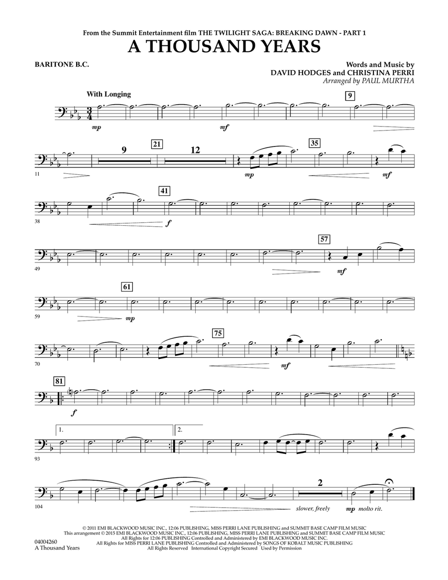 A Thousand Years (from The Twilight Saga: Breaking Dawn, Part 1) - Baritone B.C. Concert Band scores gallery preview page 1