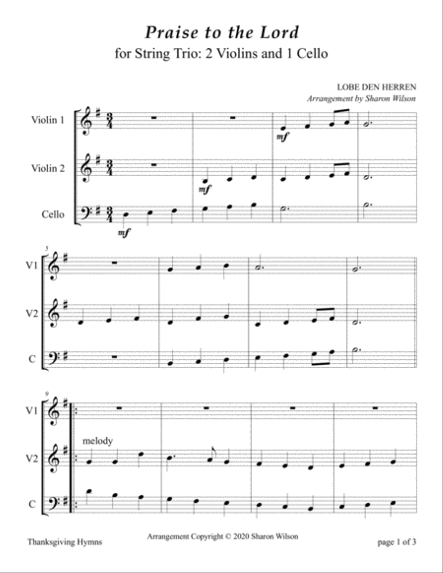 Praise to the Lord (for String Trio – 2 Violins and 1 Cello) String Trio scores gallery preview page 3