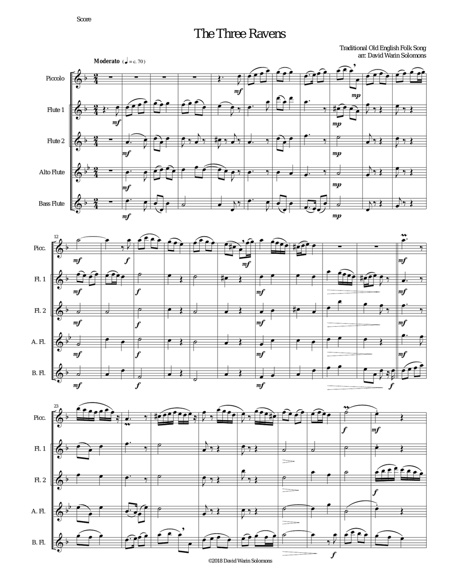 Variations on The Three Ravens for flute quintet Flute Solo scores gallery preview page 1