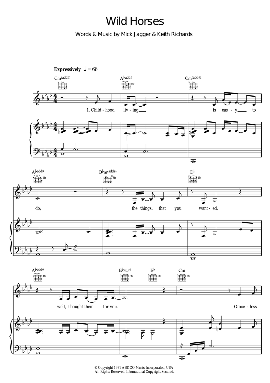 Wild Horses Piano, Vocal scores gallery preview page 1