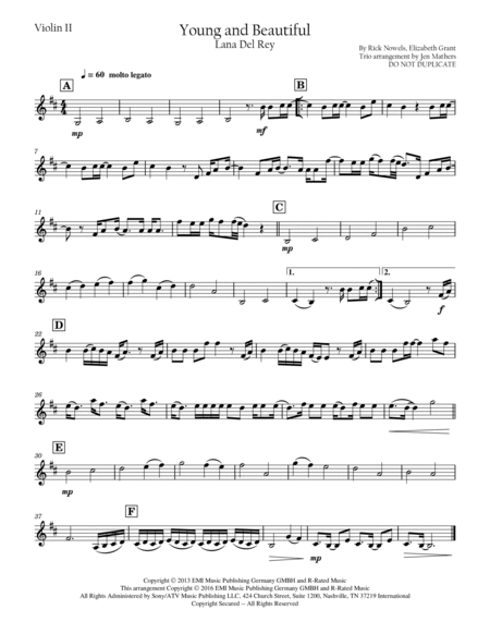 Young And Beautiful by Lana Del Rey Cello - Digital Sheet Music