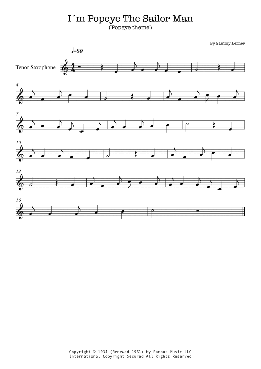 I'm Popeye The Sailor Man Tenor Saxophone scores gallery preview page 1