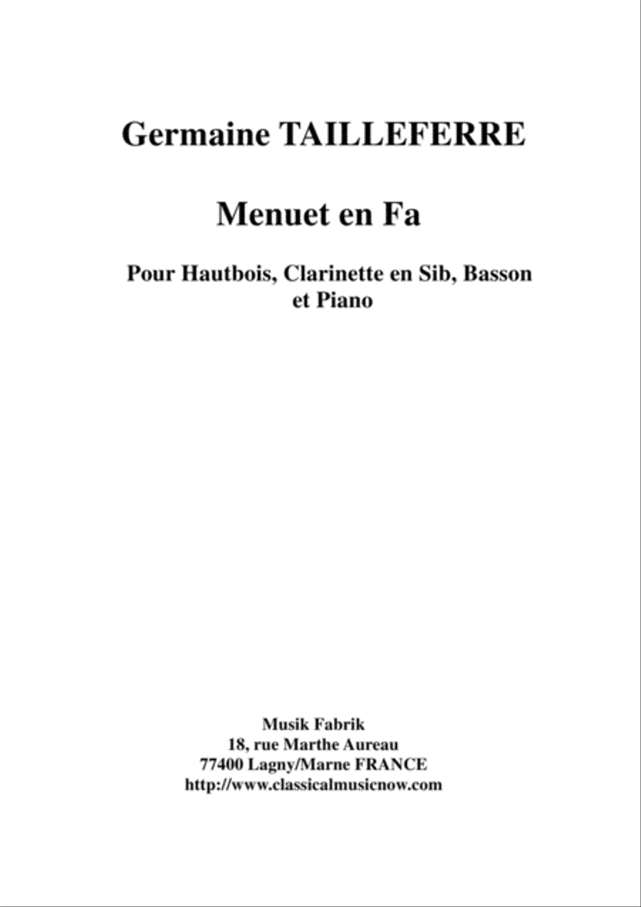 Germaine Tailleferre: Menuet en Fa for oboe, Bb clarinet, bassoon and piano Small Ensemble scores gallery preview page 1