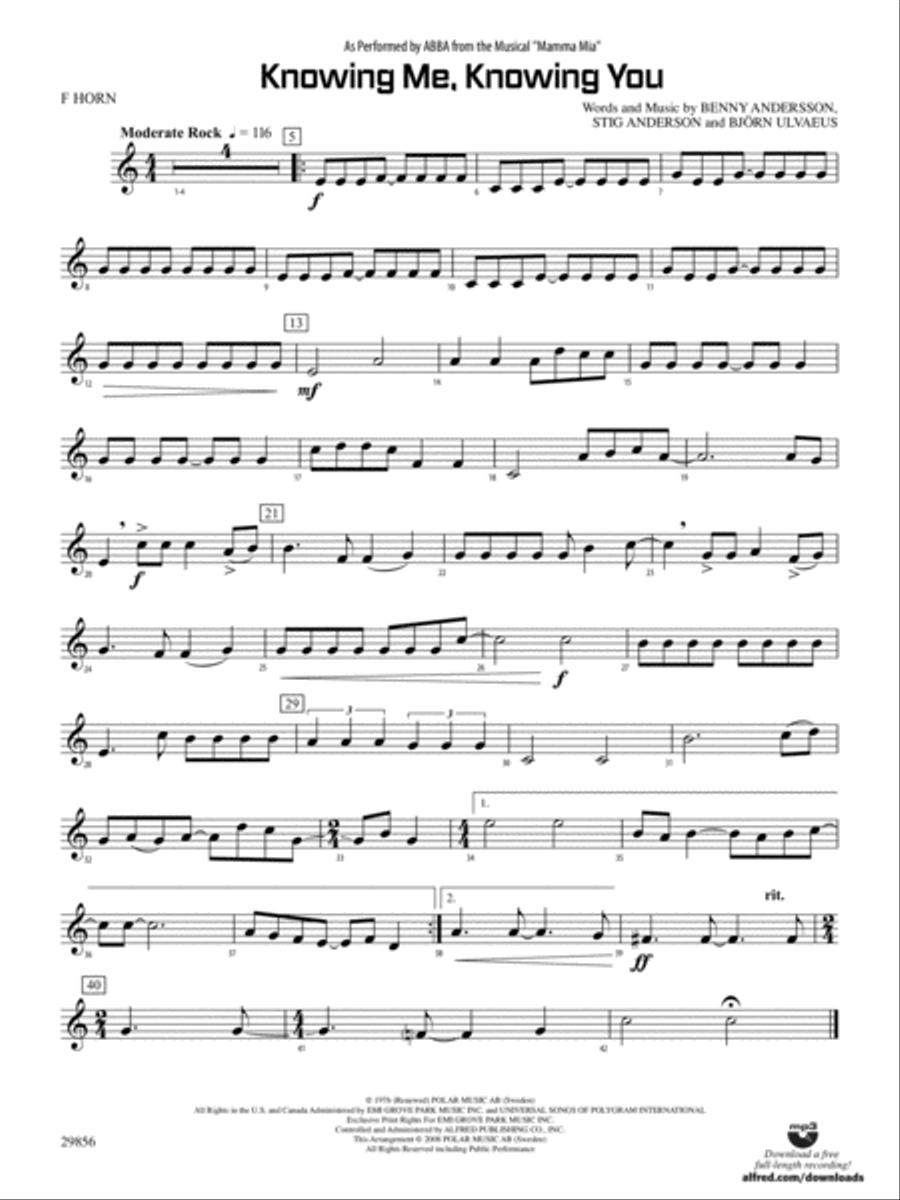 Knowing Me, Knowing You (As performed by ABBA from the musical Mamma Mia): 1st F Horn Concert Band scores gallery preview page 1