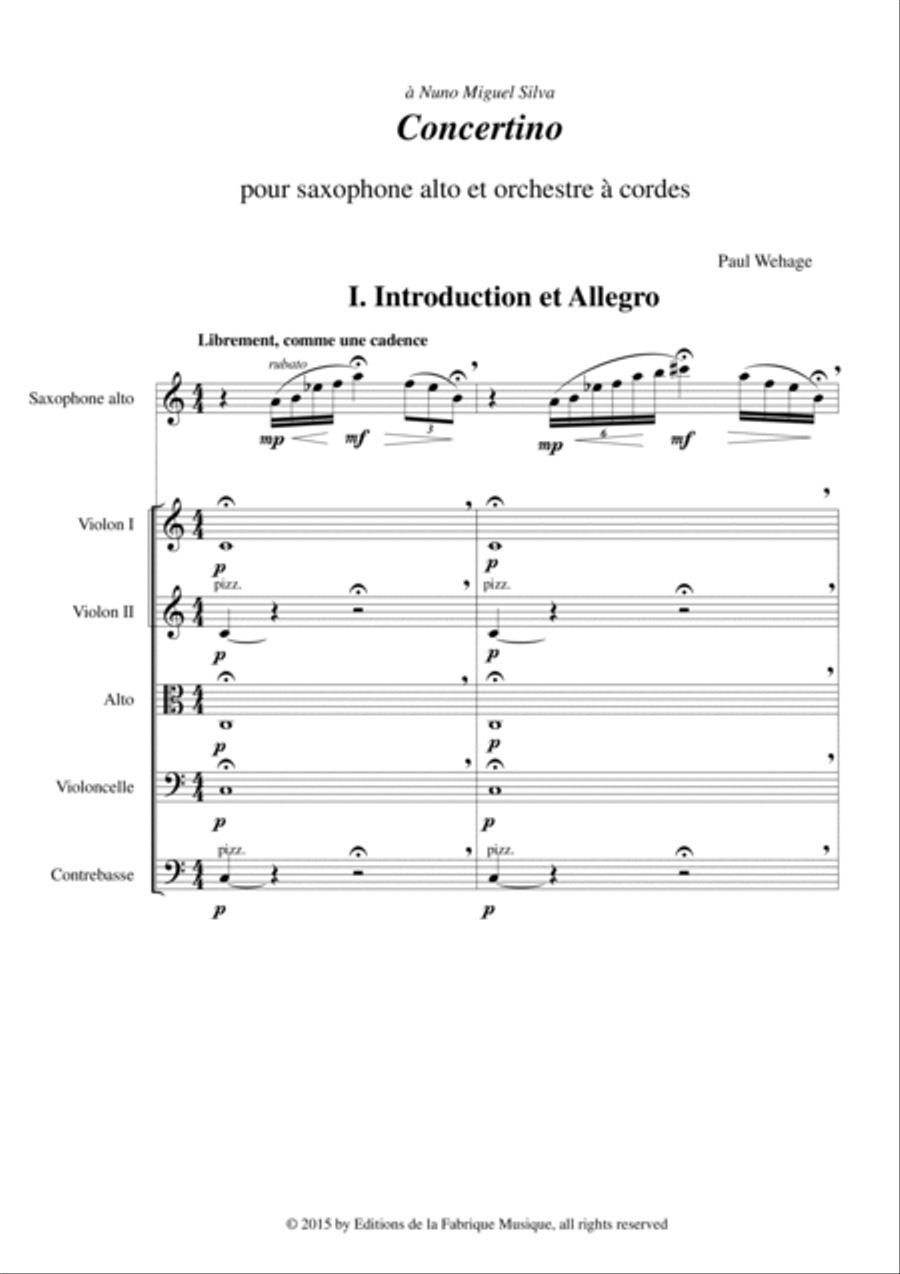 Paul Wehage : Concertino for alto saxophone and string orchestra: score and solo part String Orchestra scores gallery preview page 3