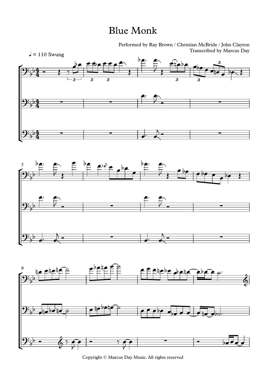 Blue Monk - SuperBass Transcription Double Bass Trio Small Ensemble scores gallery preview page 1