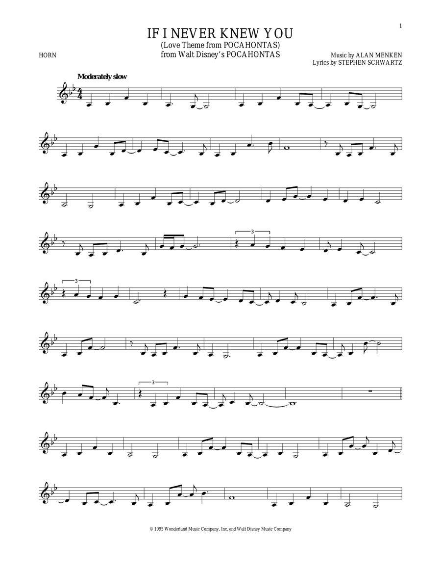 If I Never Knew You (End Title) (from Pocahontas) Horn Solo scores gallery preview page 1