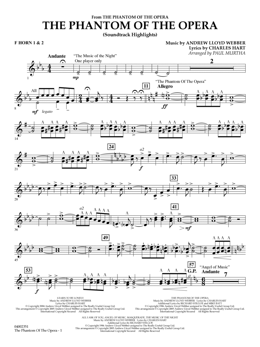 The Phantom Of The Opera (Soundtrack Highlights) (arr. Paul Murtha) - F Horn 1 & 2 Concert Band scores gallery preview page 1