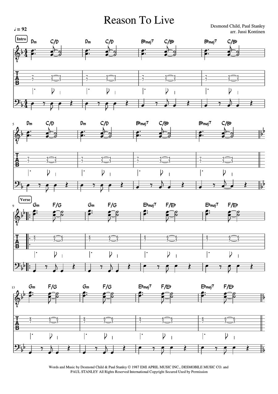 Reason To Live Reason To Live Bass Guitar Tablature scores gallery preview page 1