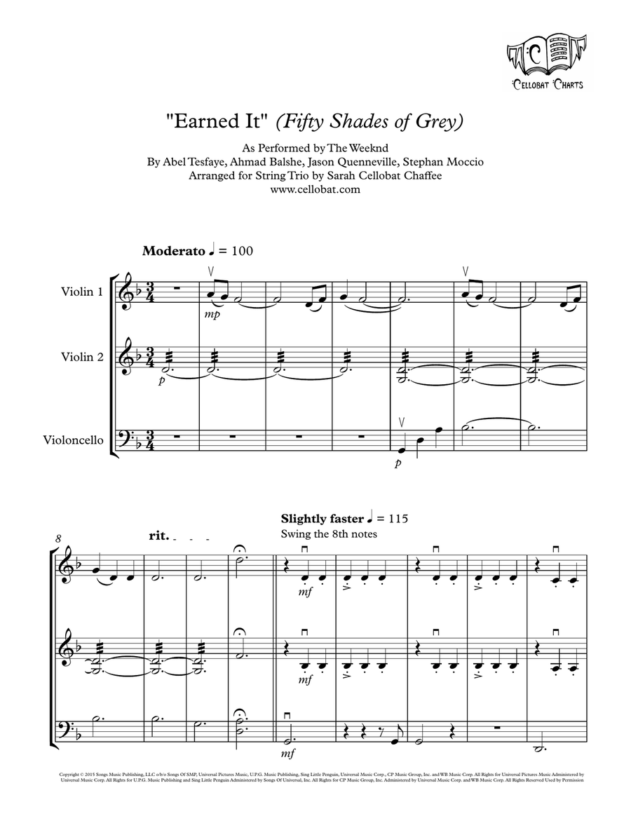 Earned It (fifty Shades Of Grey) by The Weeknd String Trio - Digital Sheet Music
