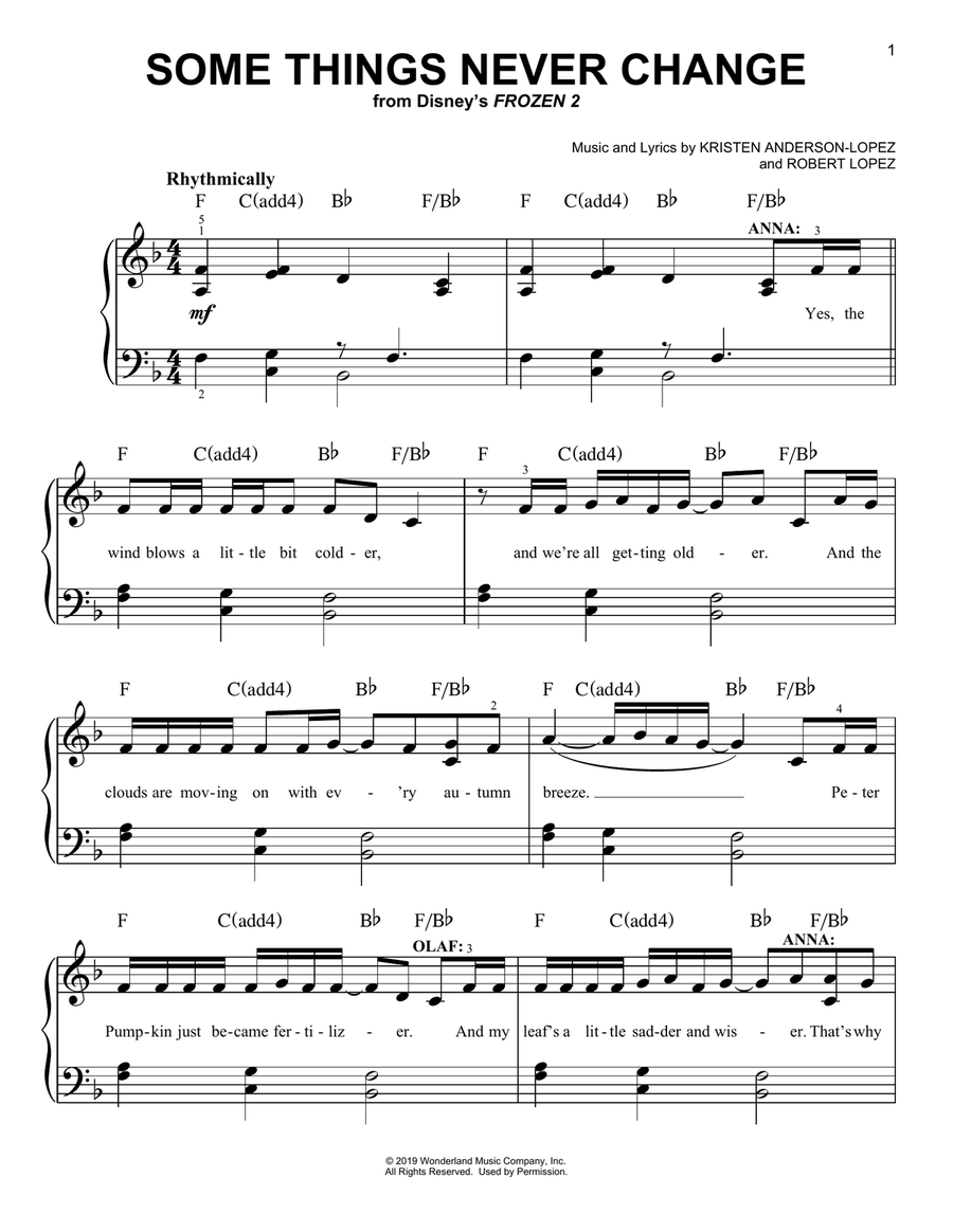 Some Things Never Change (from Disney's Frozen 2) Easy Piano scores gallery preview page 1