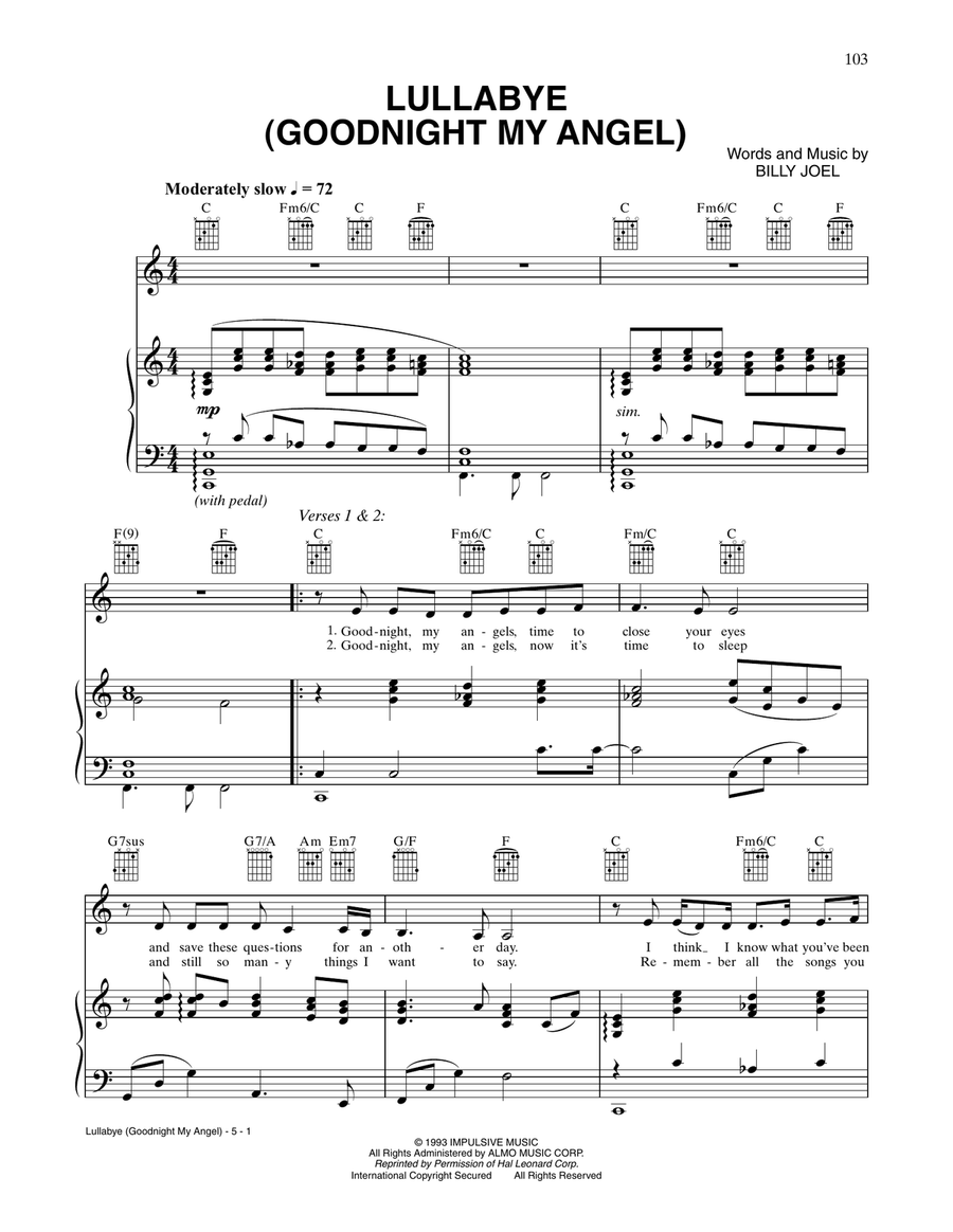 Lullabye (Goodnight, My Angel) Piano, Vocal, Guitar scores gallery preview page 1