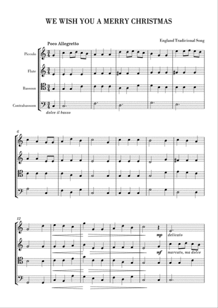 We Wish You a Merry Christmas Woodwind Quartet scores gallery preview page 1