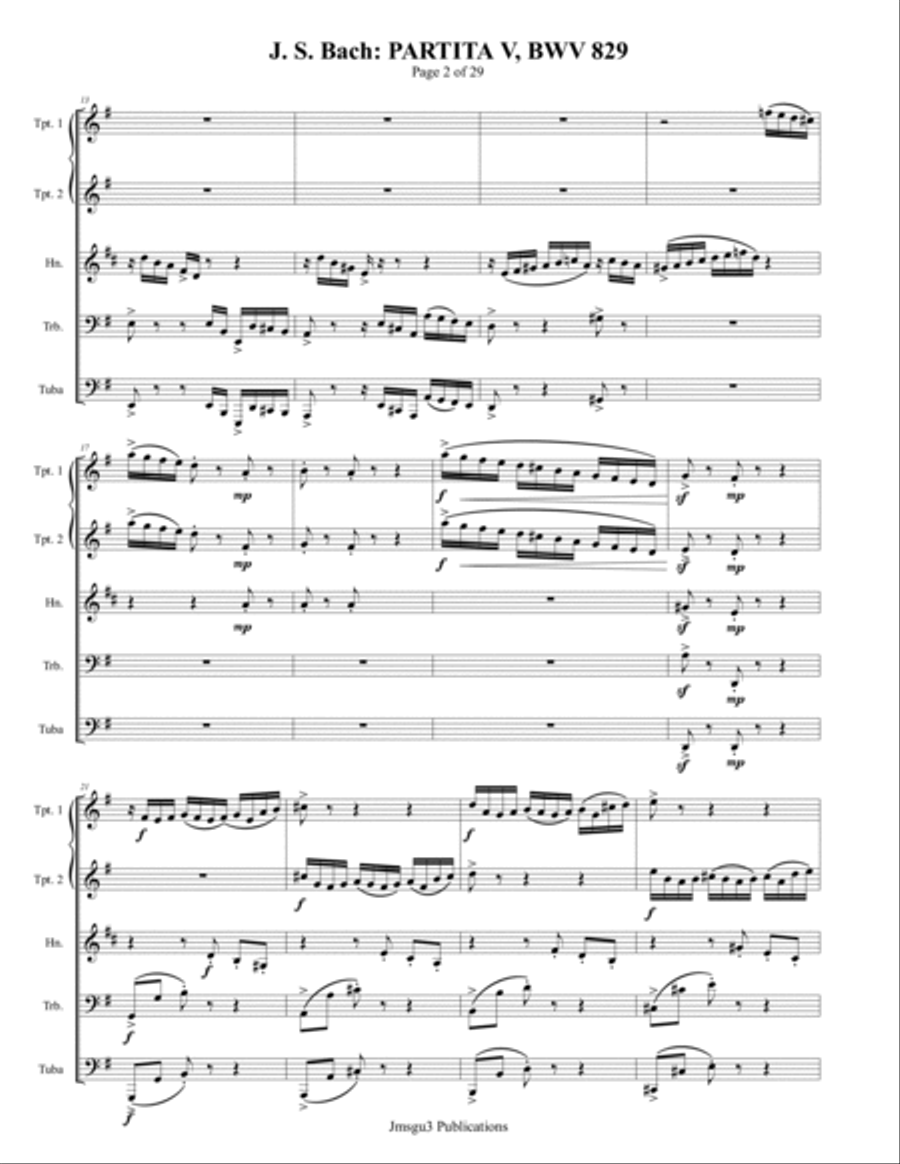 BACH: Partita No. 5 BWV 829 for Brass Quintet Brass Quintet scores gallery preview page 2
