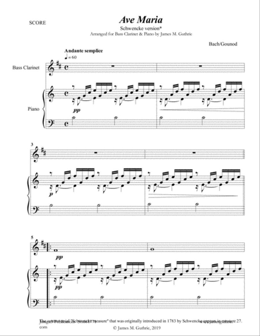 Bach-Gounod: Ave Maria, Schwencke version for Bass Clarinet & Piano Bass Clarinet scores gallery preview page 1