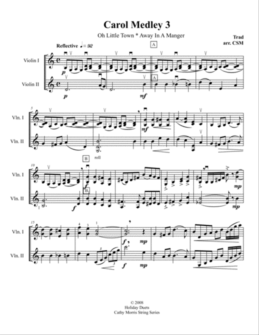 Carol Medley 3 Violin Duo O Little Town of Bethlehem / Away In A Manager String Duet scores gallery preview page 2