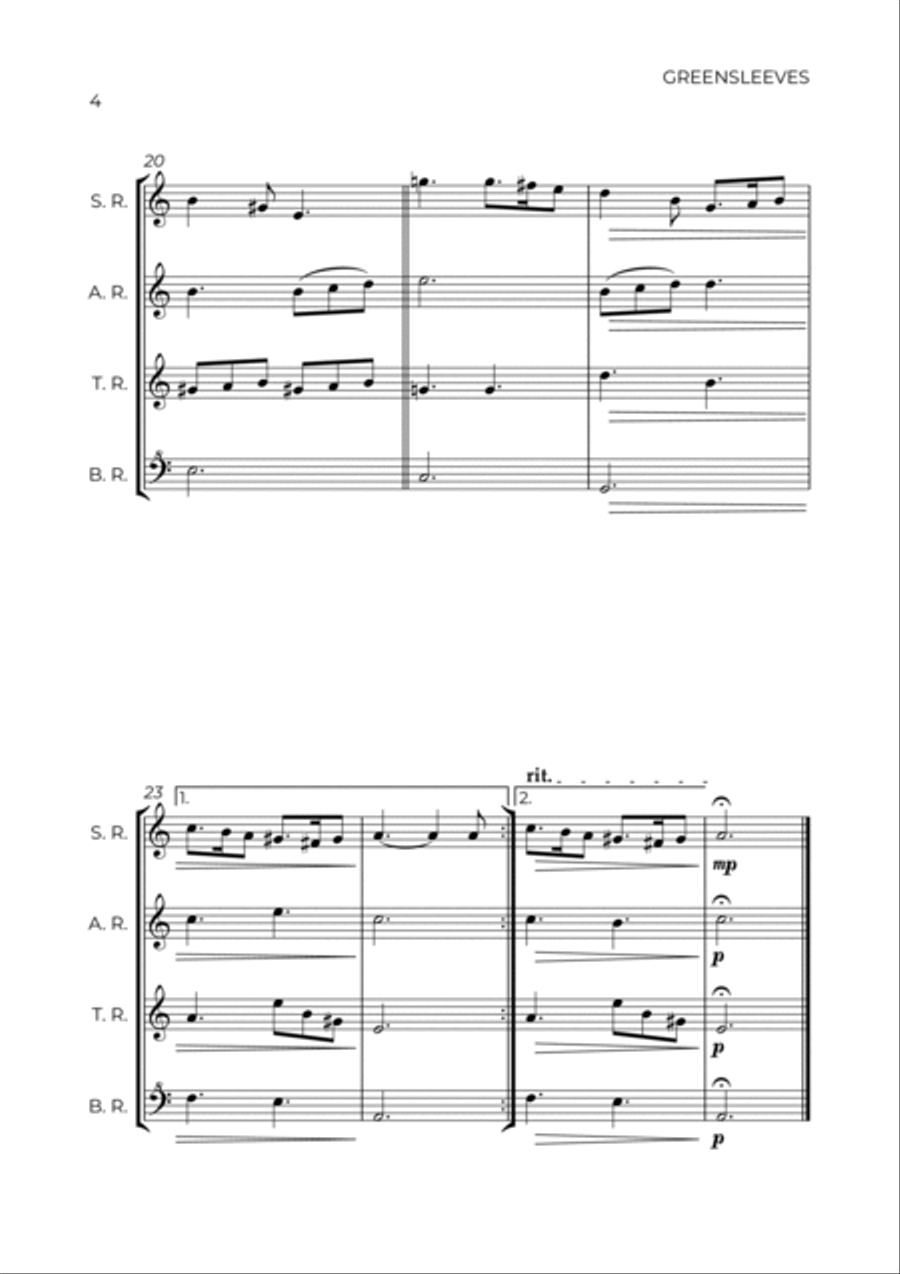 GREENSLEEVES - ANONYMUS – RECORDER QUARTET Soprano Recorder scores gallery preview page 4