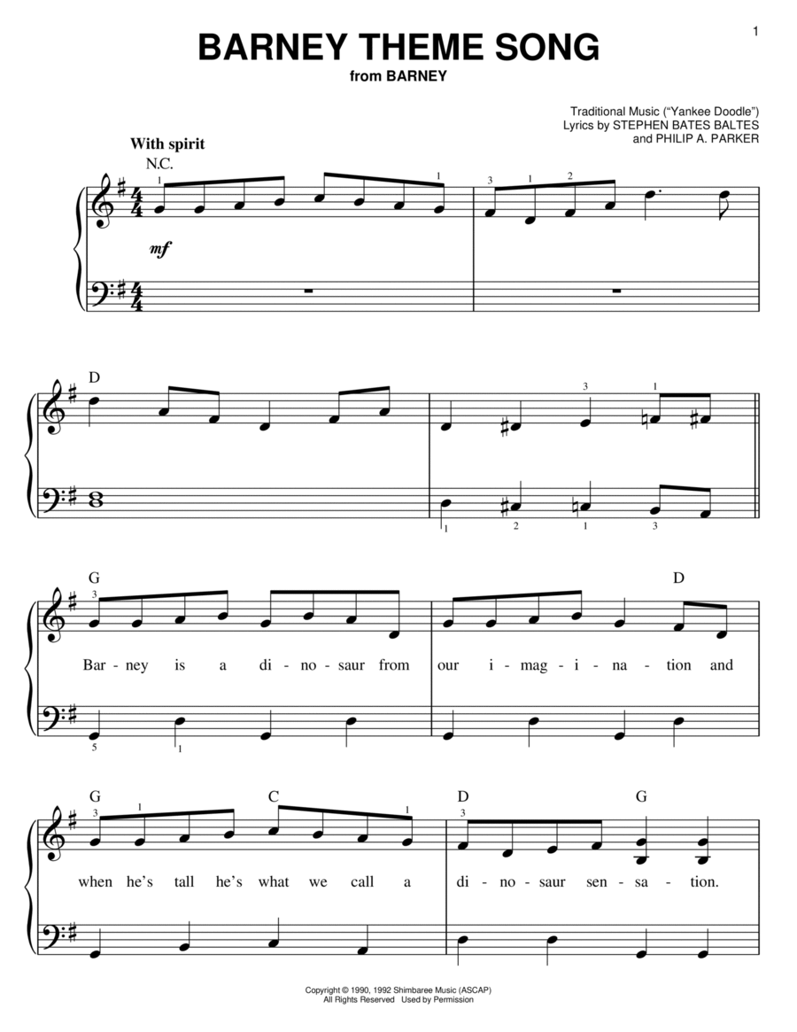 Barney Theme Song (from Barney) Easy Piano scores gallery preview page 1