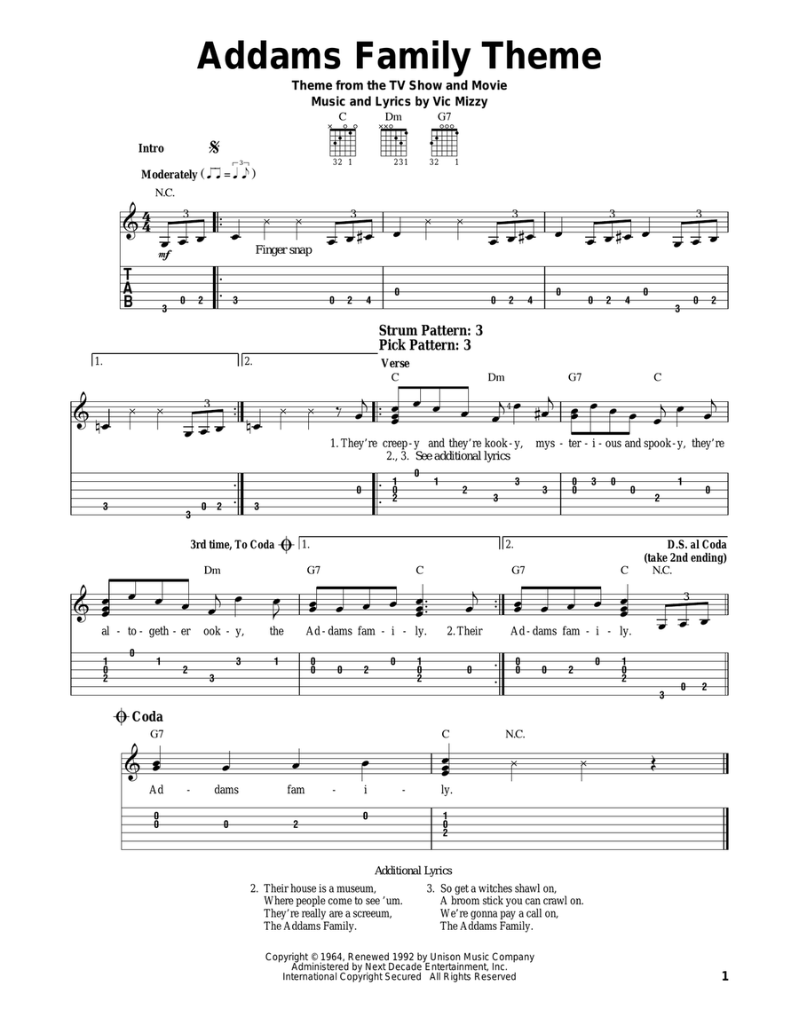 The Addams Family Theme Guitar Tablature scores gallery preview page 1