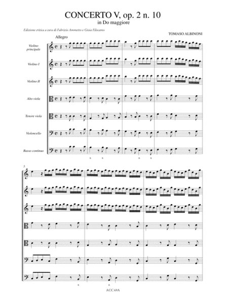 6 Concertos ‘a cinque’ Op. 2 for principal Violin, 2 Violins, 2 Violas, Violoncello and Continuo - Vol. V: Concerto V in C major, Op. 2 No. 10. Critical Edition