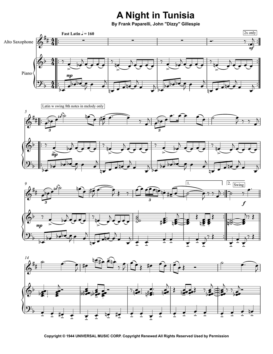 A Night In Tunisia Alto Saxophone scores gallery preview page 2
