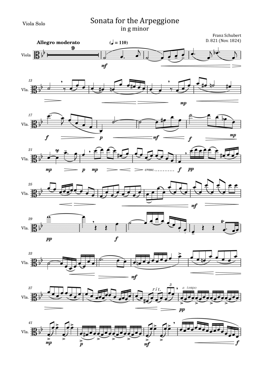 Franz Schubert - Arpeggione Sonata, D.821 in g minor - For Viola Solo Original Viola Solo scores gallery preview page 1
