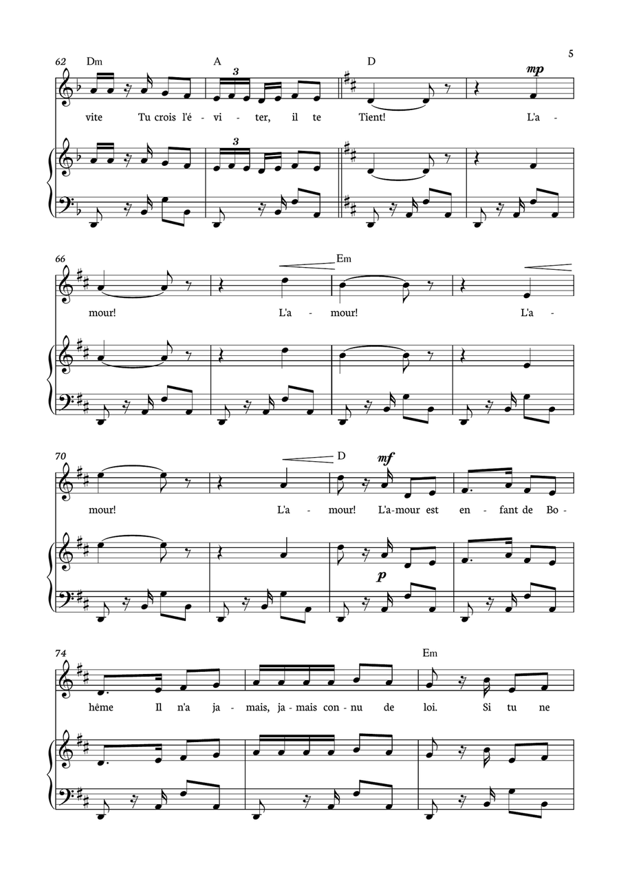 Habanera - Carmen for piano, chords and voice in D minor. Piano, Vocal scores gallery preview page 5