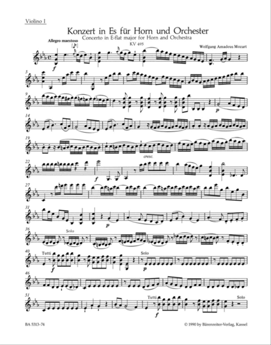 Concerto for Horn and Orchestra, No. 4 E flat major, KV 495 Violin scores gallery preview page 1