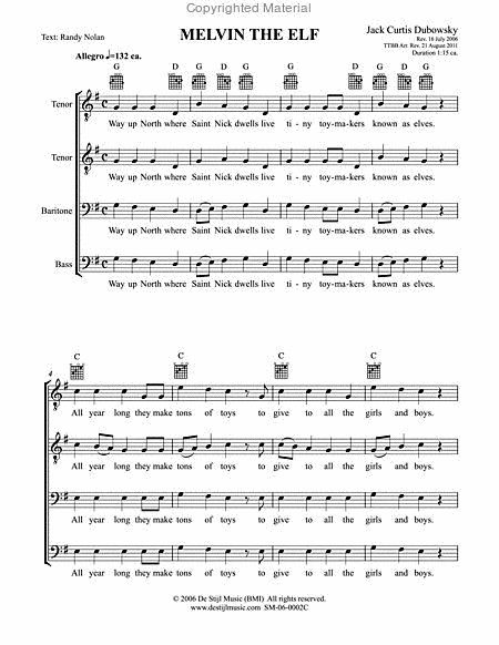 Melvin the Elf (TTBB) by Jack Curtis Dubowsky Choir - Sheet Music