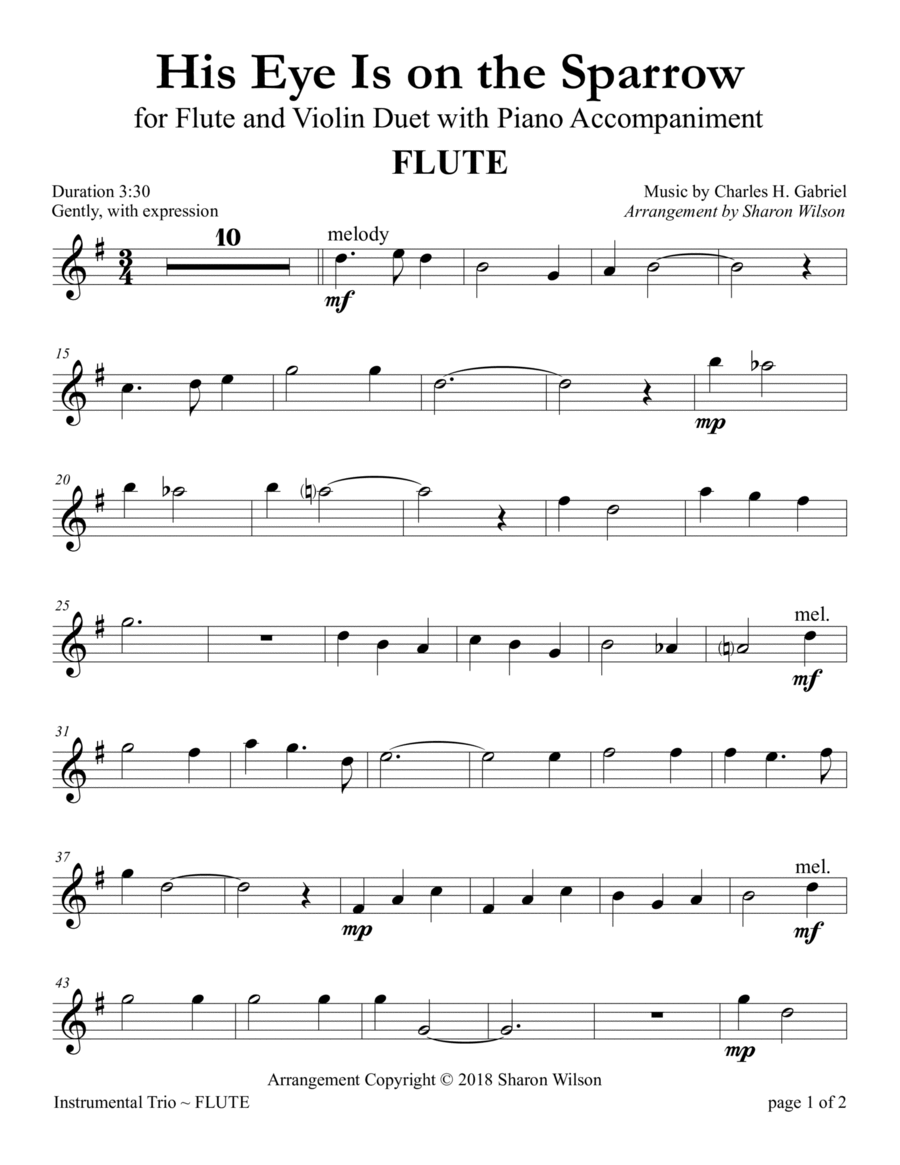 His Eye Is on the Sparrow (for Flute and Violin Duet with Piano accompaniment) Flute scores gallery preview page 1