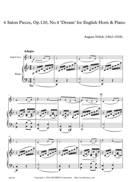 6 Salon Pieces, Op.120, No.4 ‘Dream’ for English Horn & Piano image number null