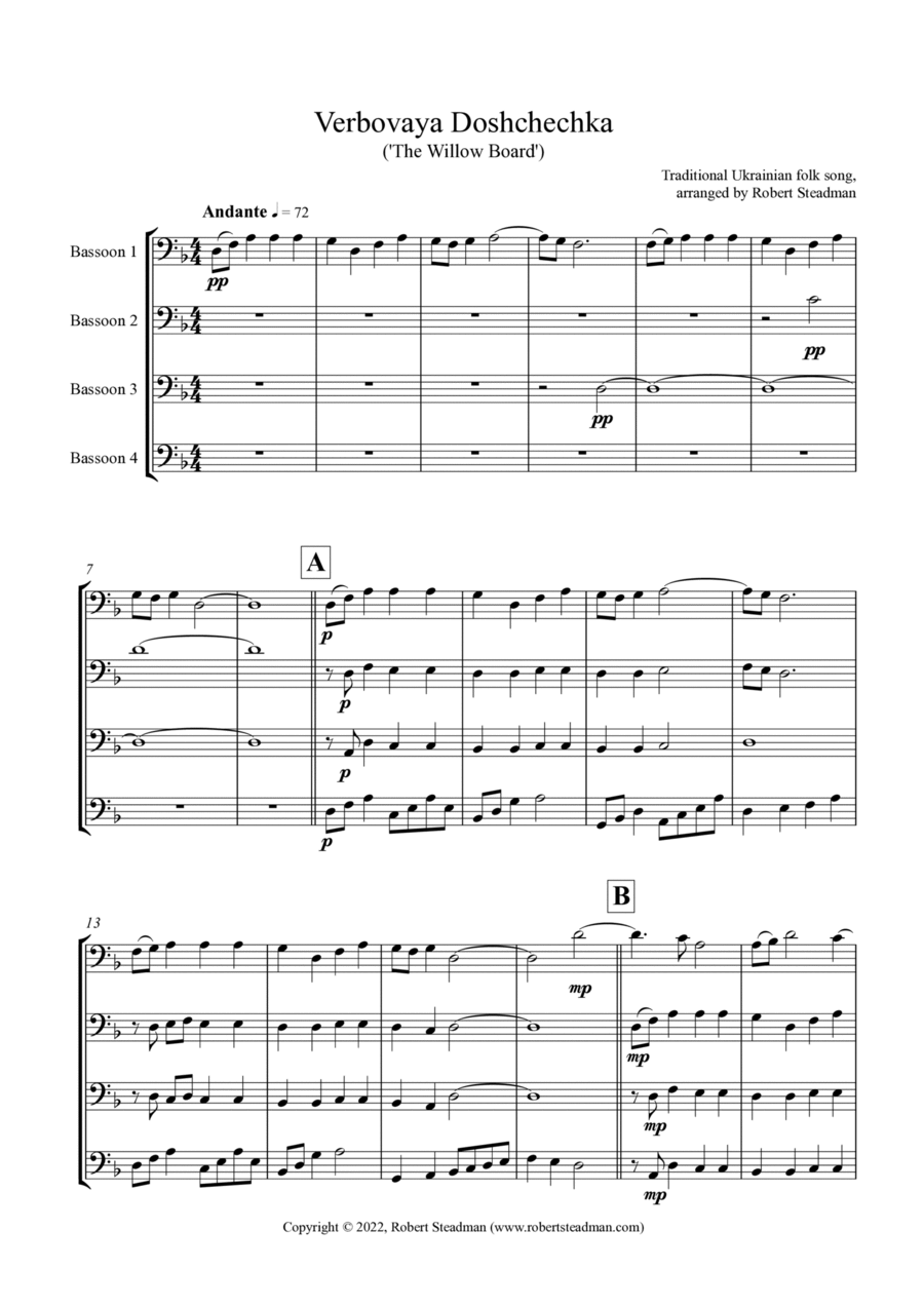 Verbovaya Doshchechka ('The Willow Board') - Ukrainian Folk Song - Bassoon Quartet Woodwind Quartet scores gallery preview page 1