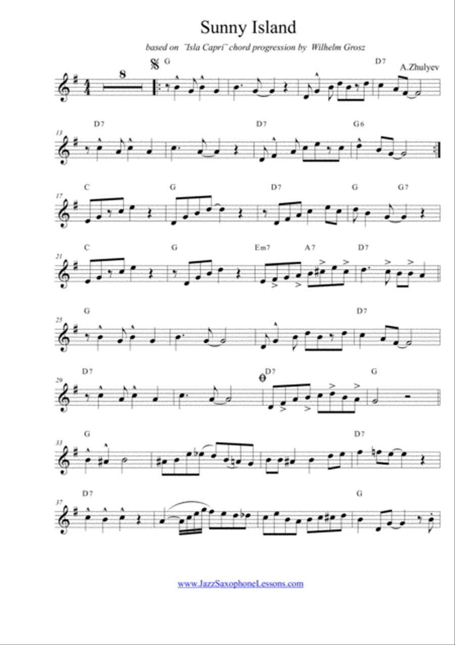 ¨Sunny Island¨ New Orleans Jazz style composition for Saxophone Tenor/Soprano (Bb) Woodwind Duet scores gallery preview page 2