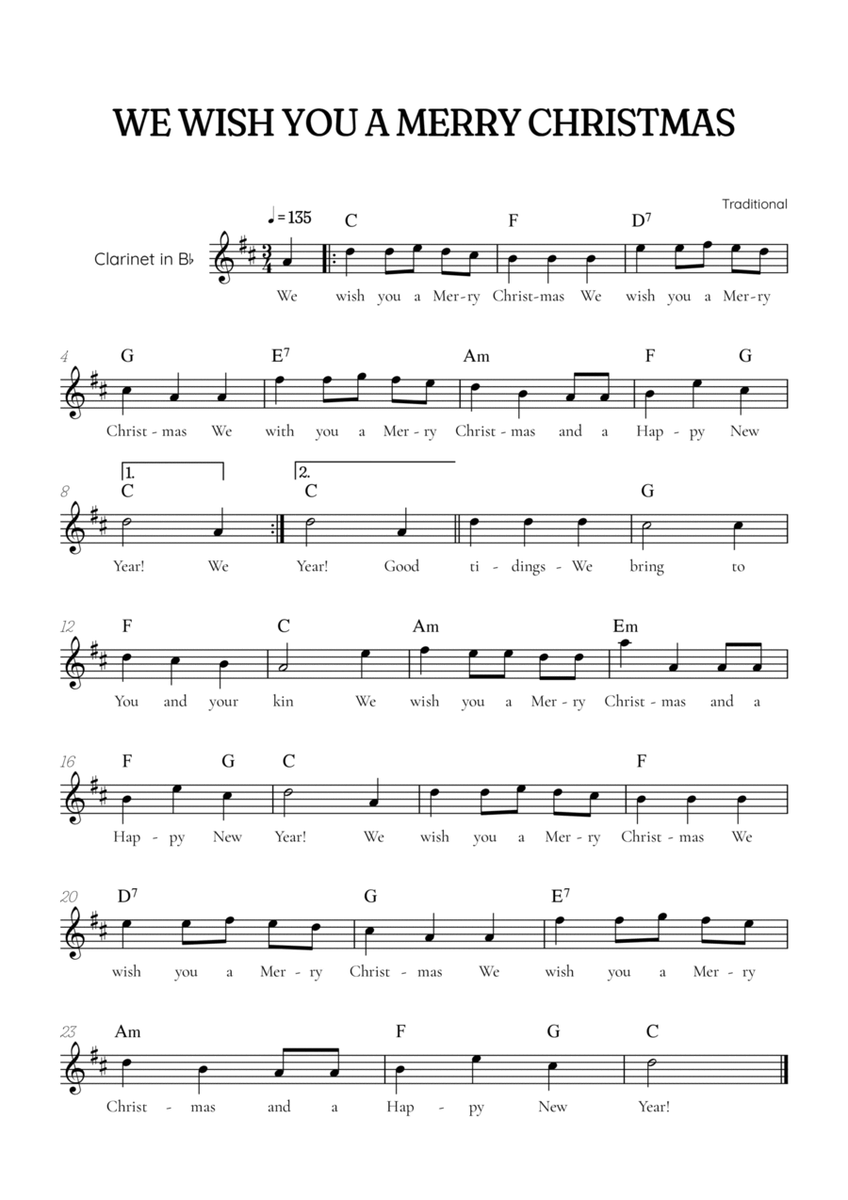 We Wish You a Merry Christmas for clarinet • easy Christmas sheet music with chords and lyrics image number null