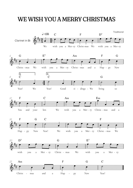 We Wish You a Merry Christmas for clarinet • easy Christmas sheet music with chords and lyrics image number null