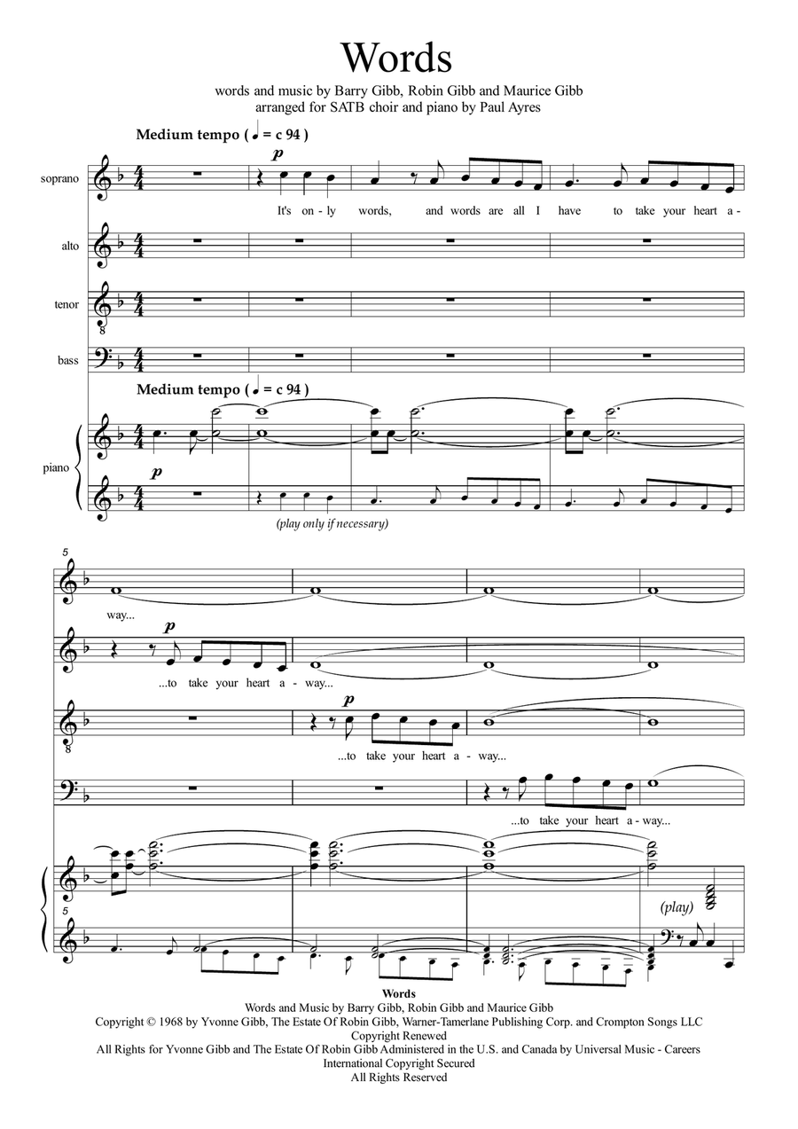 Words (arr. Paul Ayres) 4-Part scores gallery preview page 1