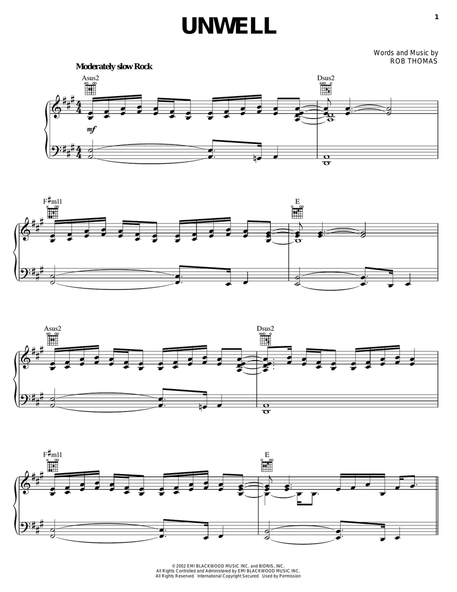 Unwell Piano, Vocal, Guitar scores gallery preview page 1