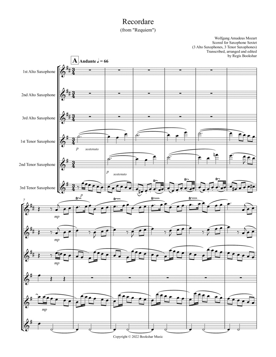 Recordare (from "Requiem") (F) (Saxophone Sextet - 3 Alto, 3 Ten)