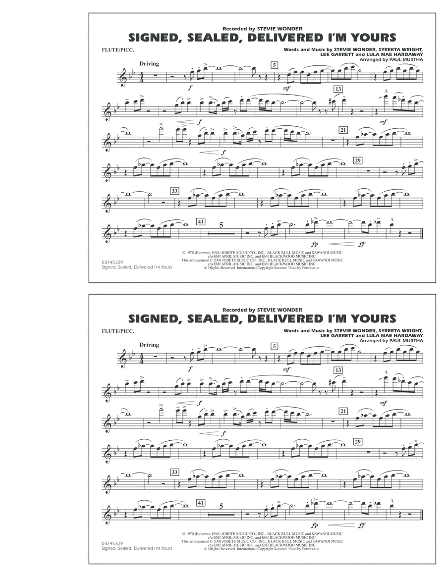 Signed, Sealed, Delivered I'm Yours - Flute/Piccolo Marching Band scores gallery preview page 1