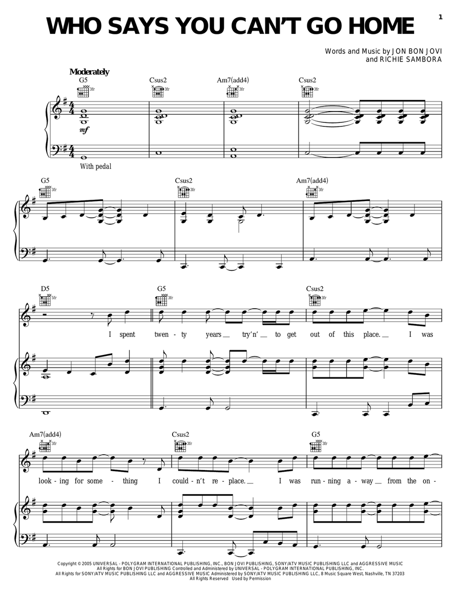 Who Says You Can't Go Home Piano, Vocal, Guitar scores gallery preview page 1