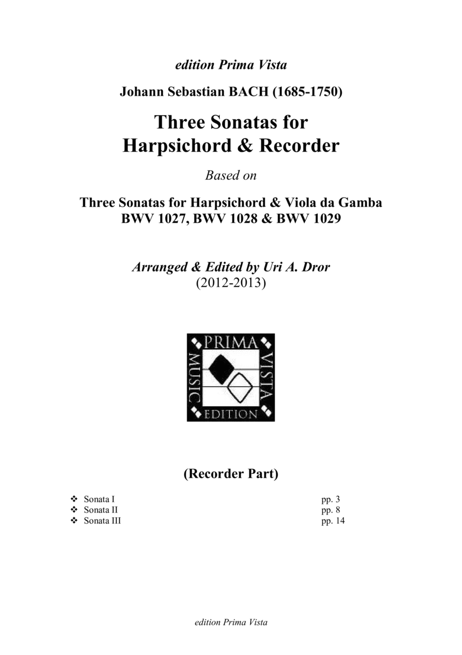 J. S. Bach, Three Sonatas for Alto Recorder & Harpsichord BWV 1027-1029 (recorder part) Alto Recorder scores gallery preview page 1