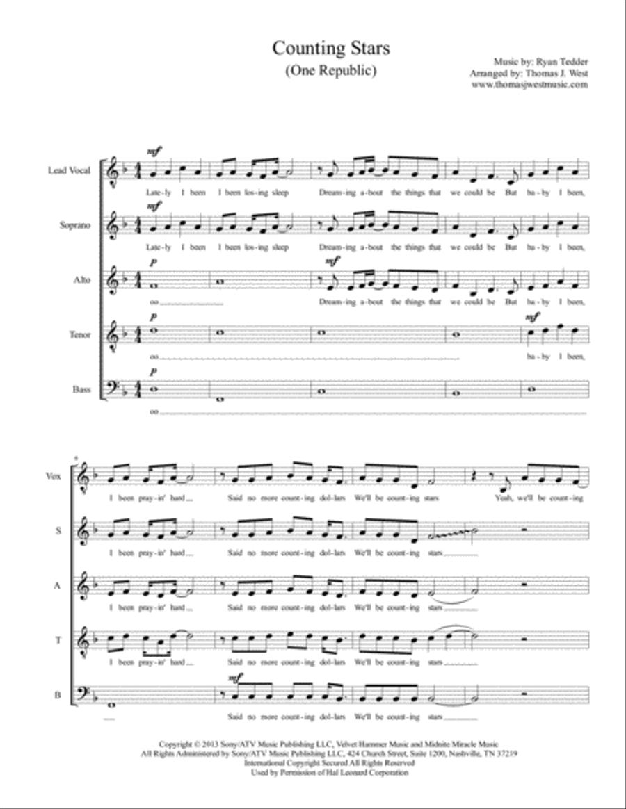 Counting Stars 4-Part scores gallery preview page 1