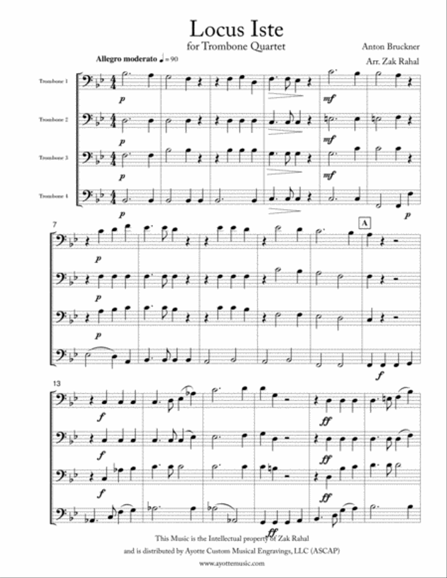 Bruckner - Locus Iste transcribed for Trombone Quartet by Zak Rahal Trombone Quartet scores gallery preview page 2