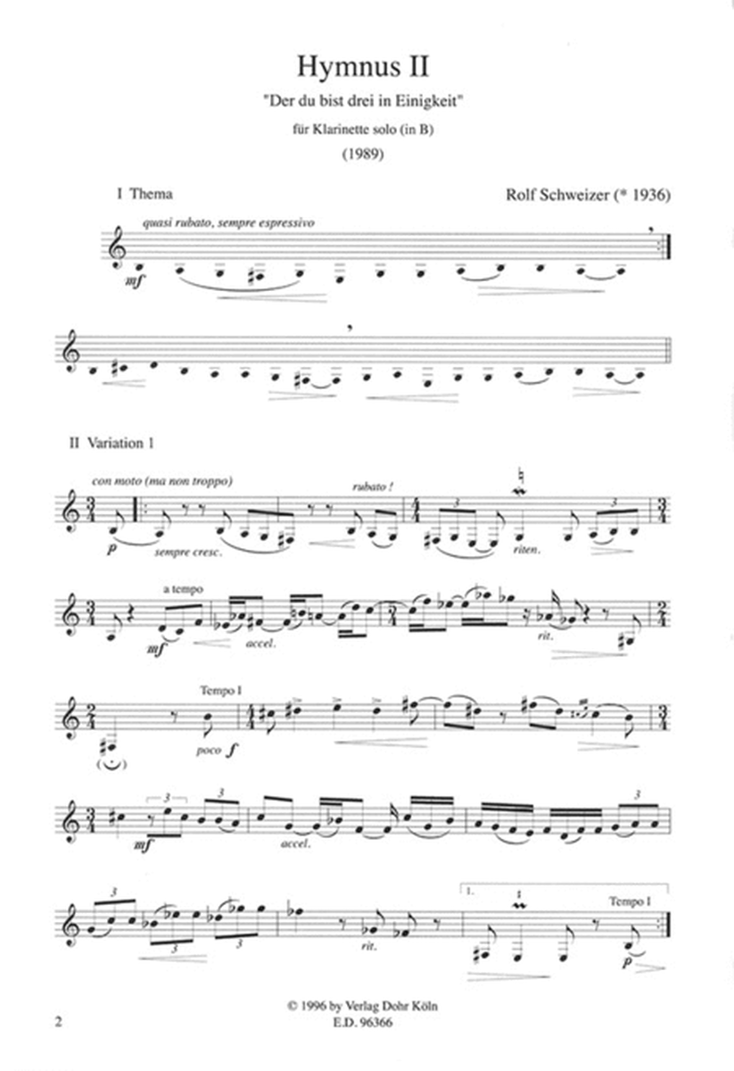 Hymnus II für Klarinette solo "Der du bist drei in Einigkeit" (1989)