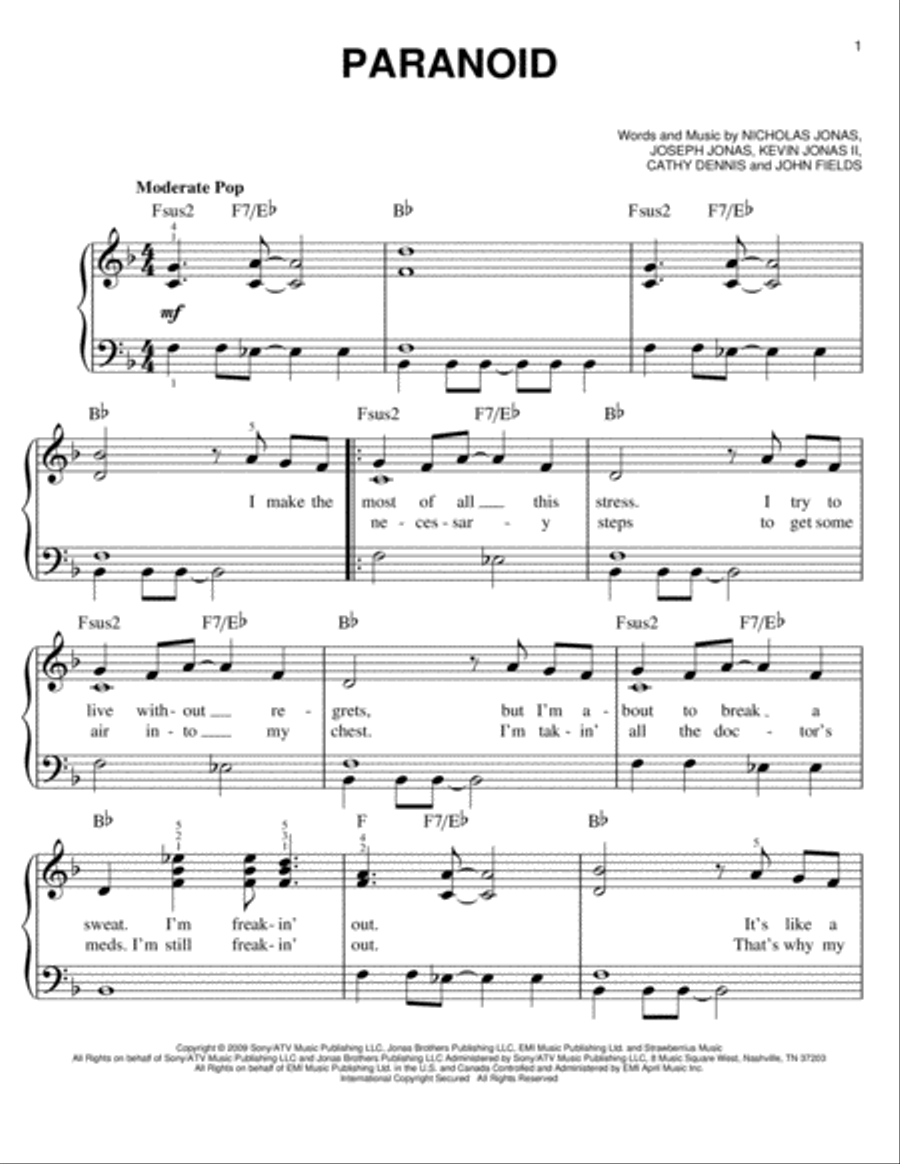 Paranoid Easy Piano scores gallery preview page 1