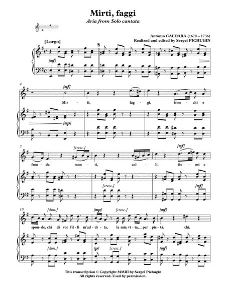 CALDARA Antonio: Mirti, faggi, aria from the cantata, arranged for Voice and Piano (E minor) image number null